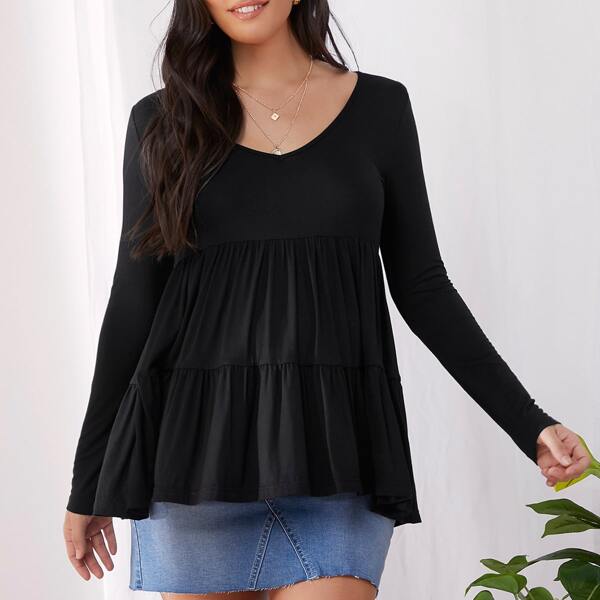 

Maternity V Neck Ruffle Hem Tee, Black