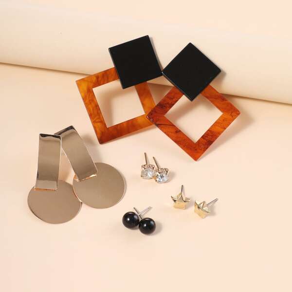 

5pairs Geometric Charm Earrings, Gold