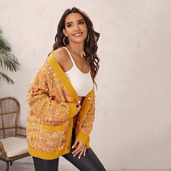 

Drop Shoulder Buttoned Oversize Cardigan, Mustard yellow