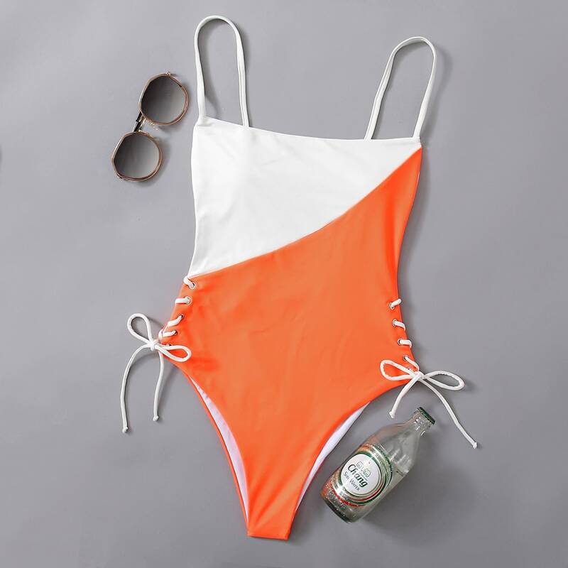 

Colorblock Lace Up One Piece Swimsuit, Multicolor