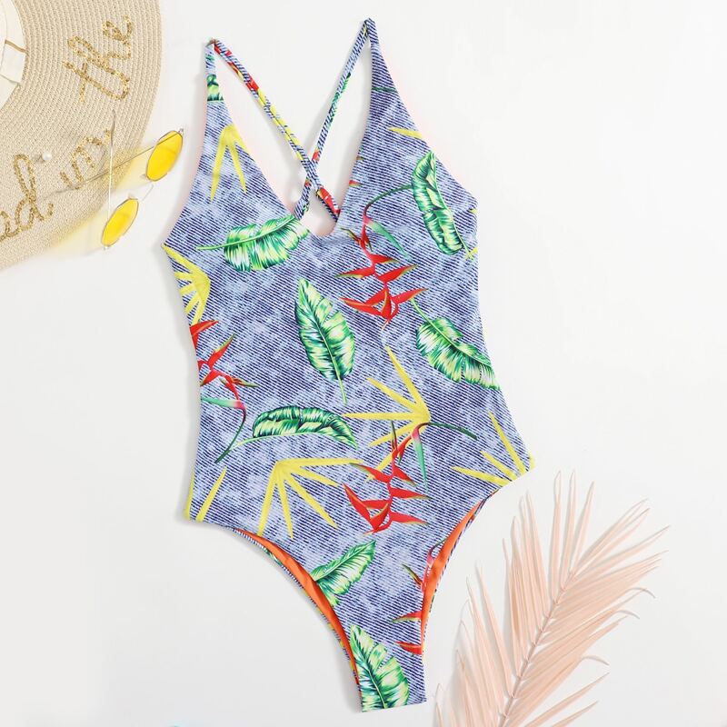 

Leaf Print One Piece Swimsuit, Multicolor