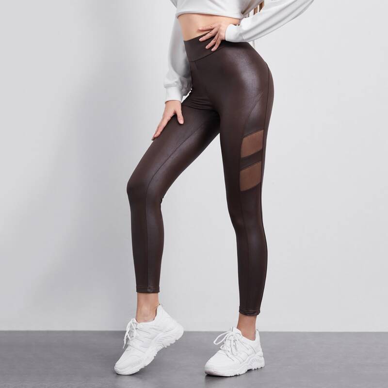 

Wide Waistband PU Leather Leggings, Coffee brown