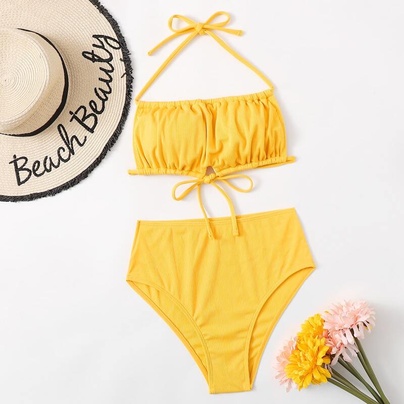 Ruched High Waist Bikini Swimsuit, Yellow
