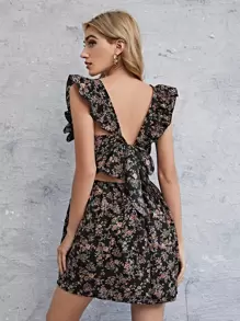 SHEIN VCAY Square Neck Ruffle Trim Floral Dress - Multicolor - View 1