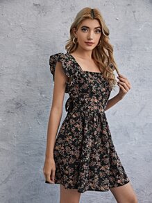SHEIN VCAY Square Neck Ruffle Trim Floral Dress - Multicolor - View 4