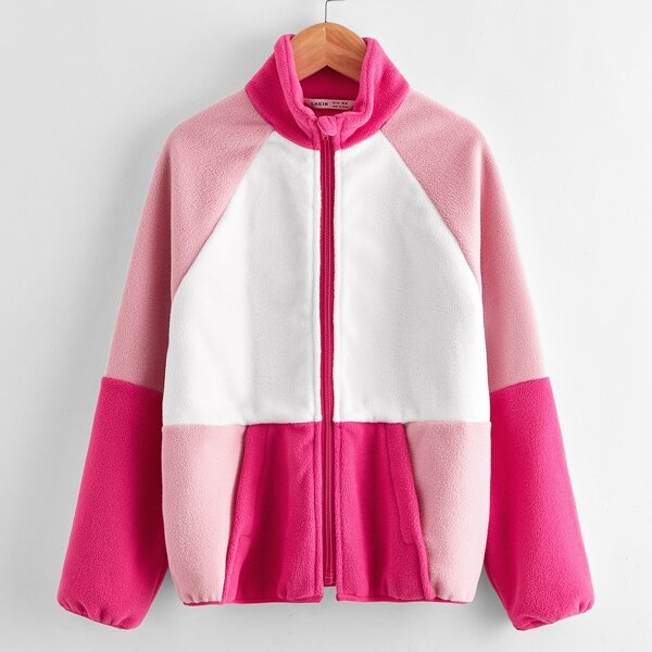 

Girls Zip Up Colorblock Pouch Pocket Teddy Jacket, Multicolor