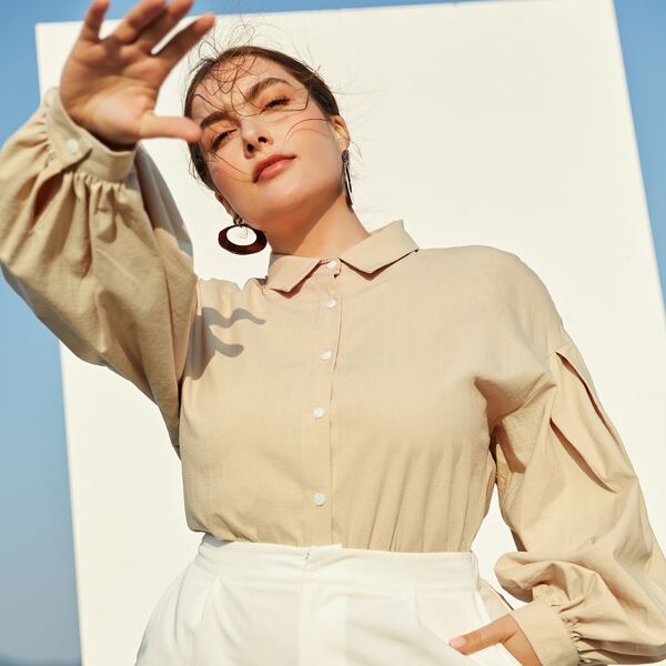 

Plus Bishop Sleeve Solid Blouse, Khaki