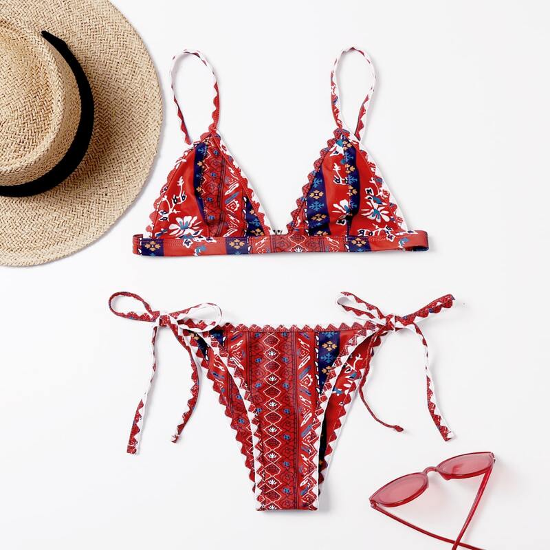 

Floral Triangle Tie Side Bikini Swimsuit, Multicolor