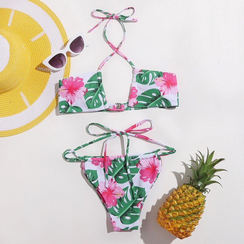 

Floral & Leaf Print Knot Bikini Swimsuit, Multicolor