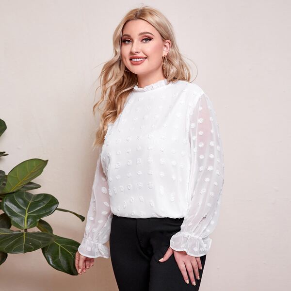

Plus Mock Neck Swiss Dot Top, White