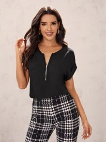 SHEIN LUNE Rolled Cuff Zip Half Placket Top - Black - View 1