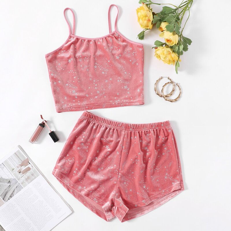 

Galaxy Velvet Cami & Shorts PJ Set, Coral pink