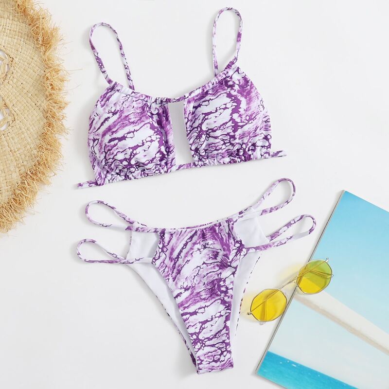 

Marble Print Cut-out High Cut Bikini Swimsuit, Purple