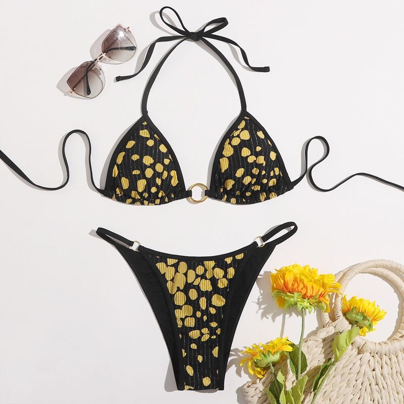 

Allover Print O-ring Linked Triangle Bikini Swimsuit, Black