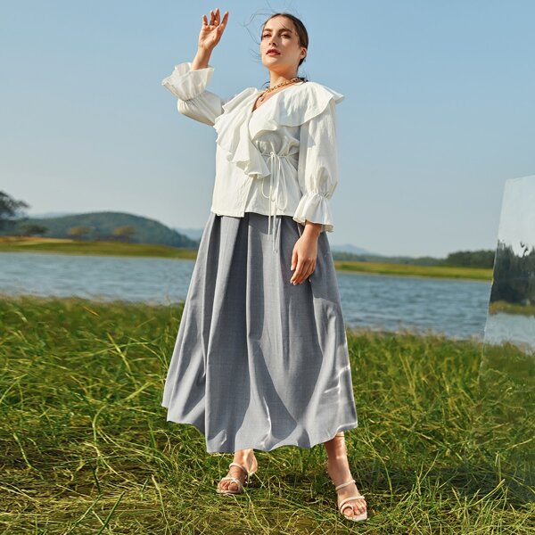 

Plus Solid Fold Pleated Skirt, Dusty blue