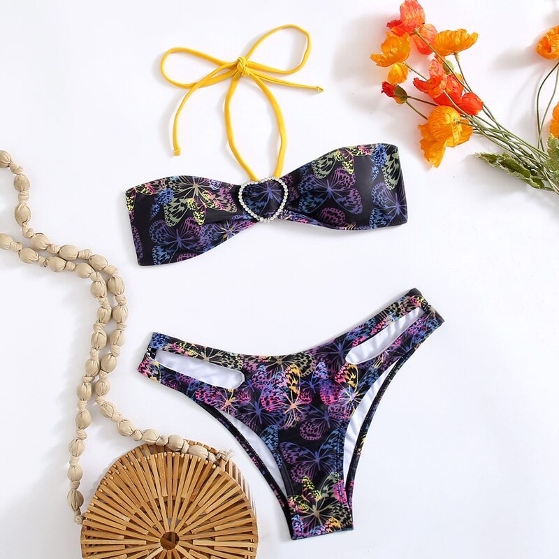

Butterfly Print Cut Out Bikini Swimsuit, Multicolor