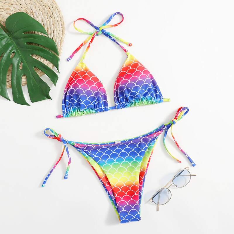 

Colorful Fish Scales Print Triangle Bikini Swimsuit, Multicolor