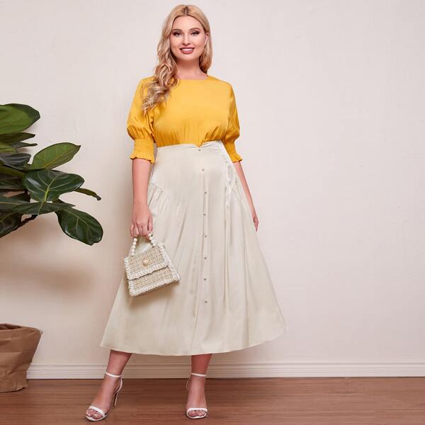 

Plus Puff Sleeve Top & Pearl Button Front Skirt Set, Multicolor