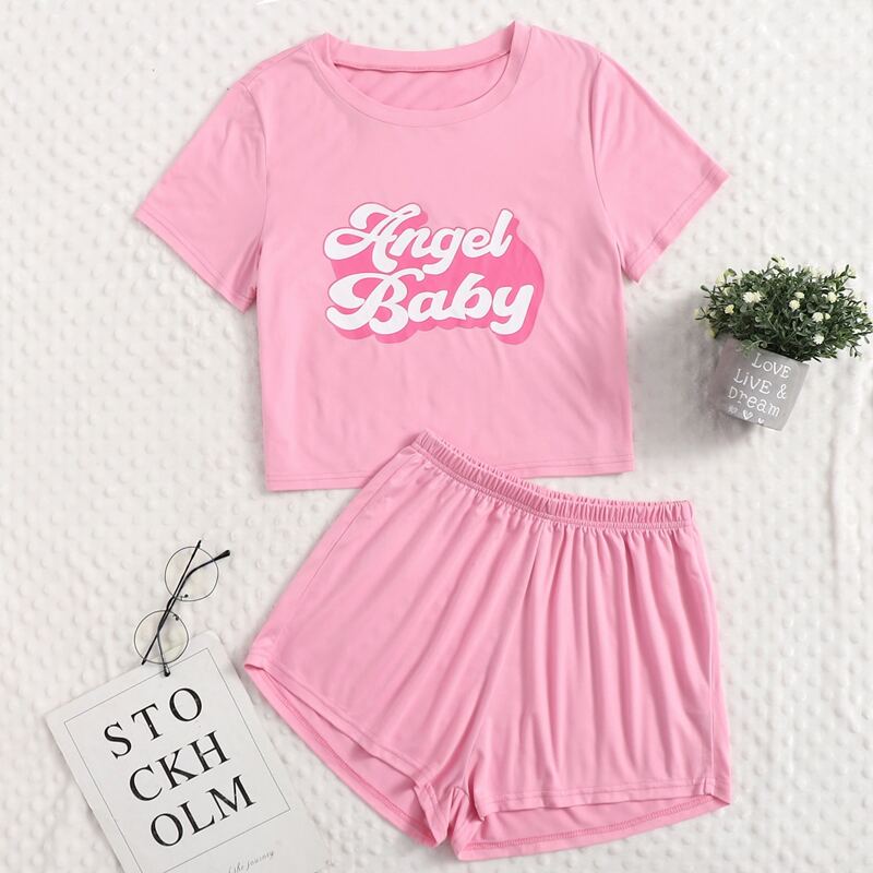 

Letter Graphic Tee & Shorts PJ Set, Pink