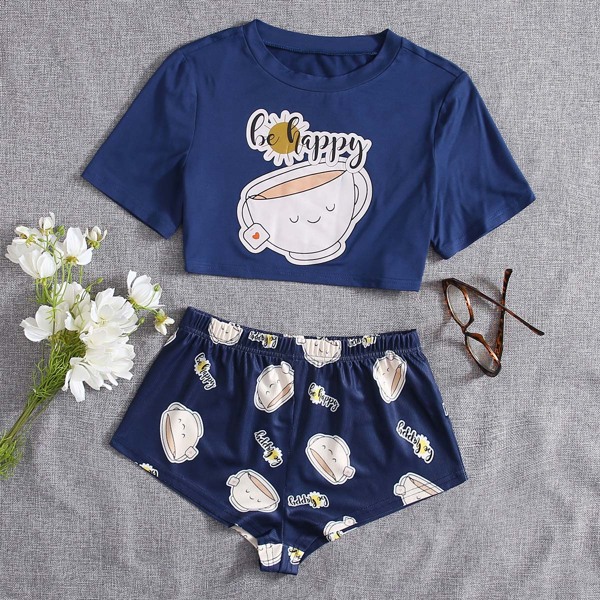 

Cartoon And Slogan Graphic PJ Set, Navy blue
