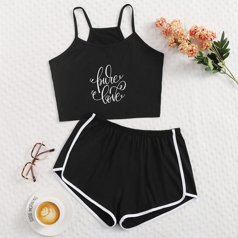 

Letter Graphic Cami Top & Contrast Binding Shorts PJ Set, Black