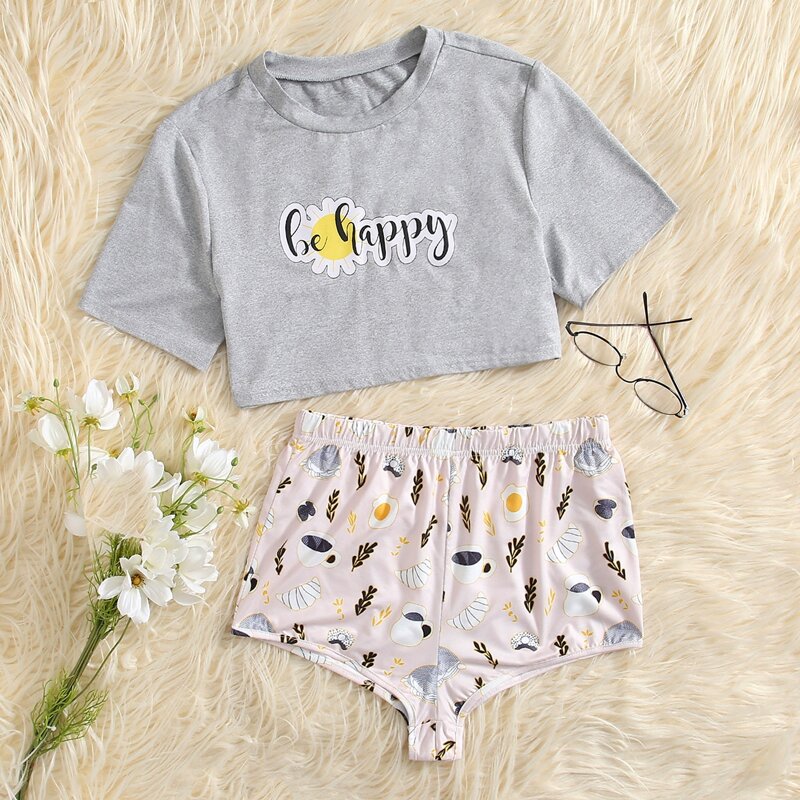 

Cartoon And Slogan Graphic Crop Tee & Shorts PJ Set, Multicolor