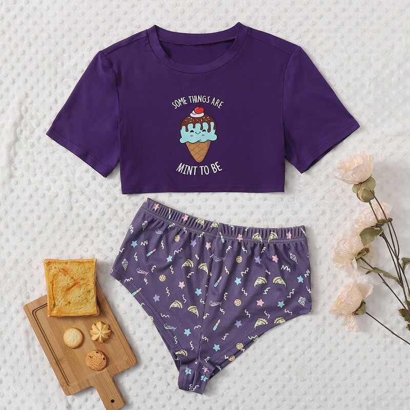 

Cartoon And Slogan Graphic Pajama Set, Purple