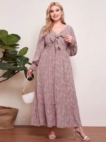 Mulvari 大碼繫帶燈籠袖小碎花連衣裙 - 紅白色 - 查看 1