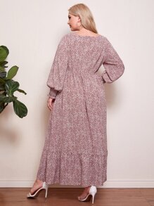 Mulvari 大碼繫帶燈籠袖小碎花連衣裙 - 紅白色 - 查看 2