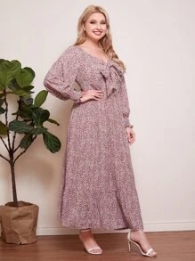 Mulvari 大碼繫帶燈籠袖小碎花連衣裙 - 紅白色 - 查看 4