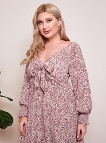 Mulvari 大碼繫帶燈籠袖小碎花連衣裙 - 紅白色 - 查看 5