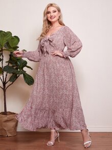 Mulvari 大碼繫帶燈籠袖小碎花連衣裙 - 紅白色 - 查看 3