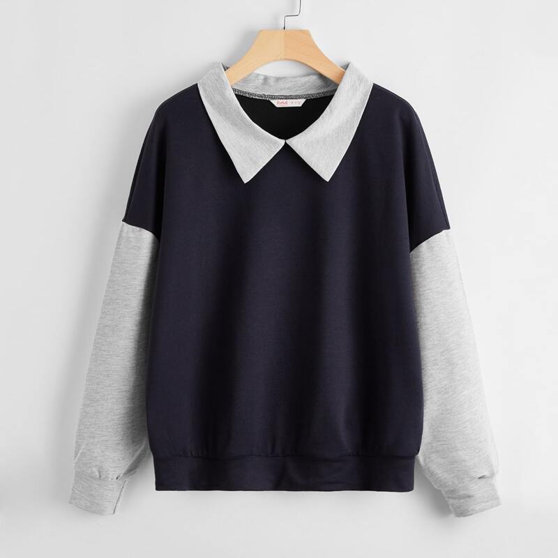 

Contrast Collar Colorblock Oversized Sweatshirt, Navy blue