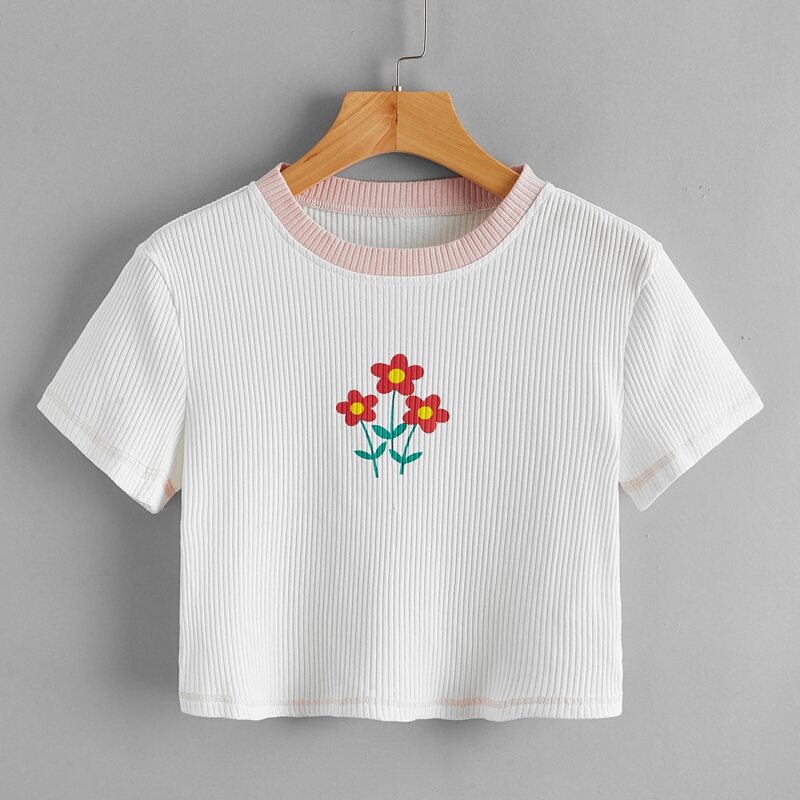 

Flower Graphic Ribbed Crop Tee, White