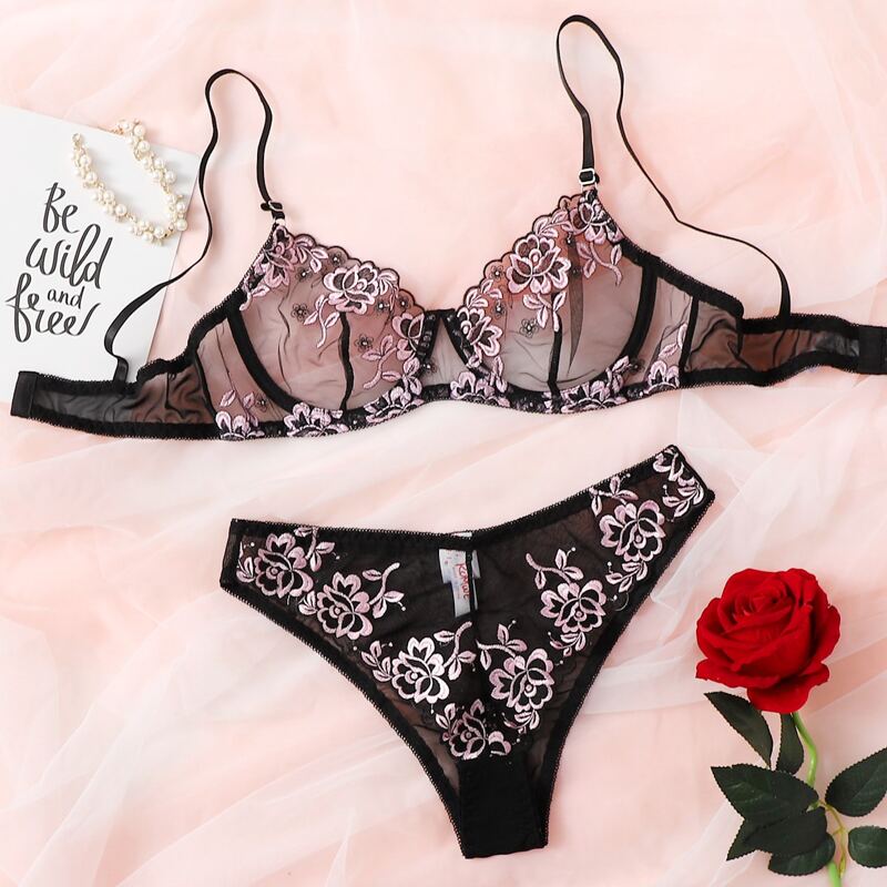 

Floral Embroidery Underwire Mesh Lingerie Set, Pink