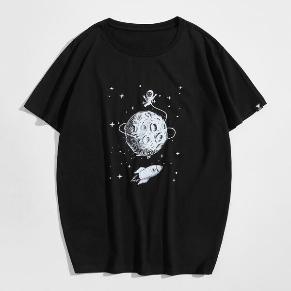 

Men Cartoon Astronaut And Rocket Print Tee, Black