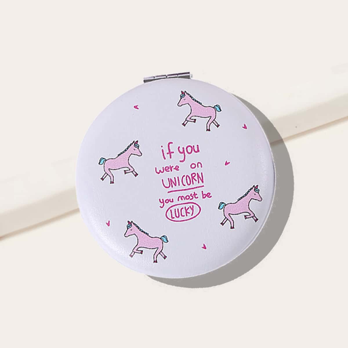 

Unicorn Pattern Portable Round Mirror, White