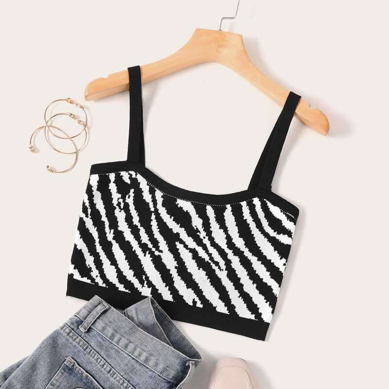 

Zebra Stripe Cami Knit Top, Black and white