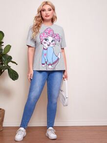 Mulvari Plus Cartoon Print Tee - Light Grey - View 5