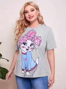 Mulvari Plus Cartoon Print Tee - Light Grey - View 1