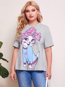 Mulvari Plus Cartoon Print Tee - Light Grey - View 4