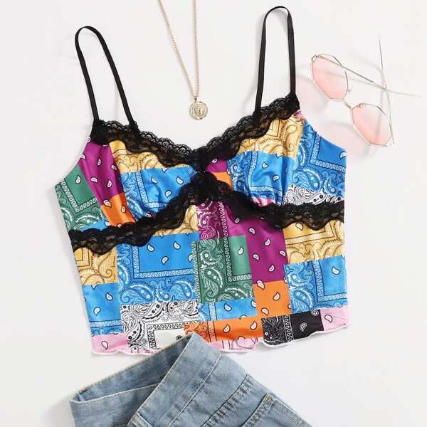 

Allover Print Lace Trim Cami Top, Multicolor