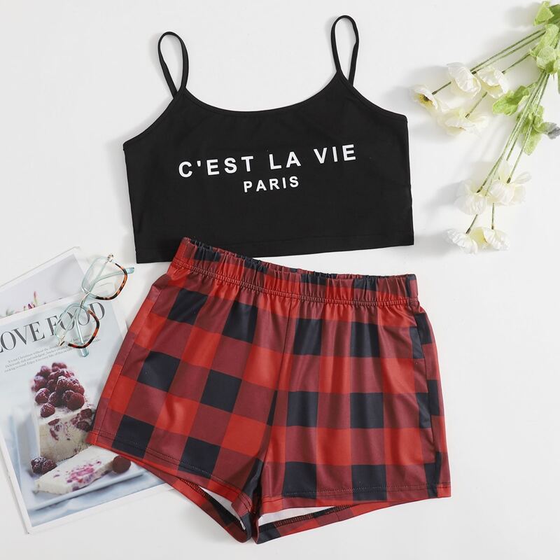 

Letter & Plaid Print Cami Pajama Set, Multicolor