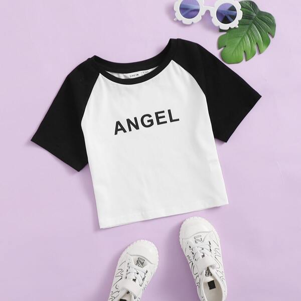 

Girls Letter Graphic Colorblock Raglan Sleeve Tee, Black and white
