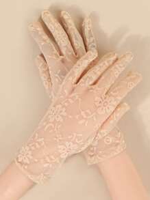 Guantes con encaje floral - Beis - Ver 1