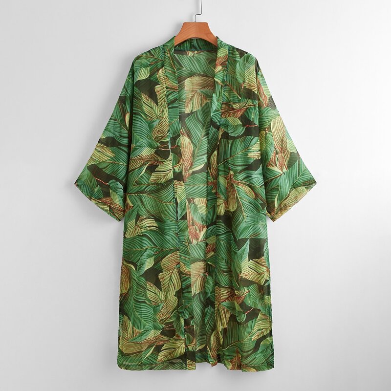 

Leaf Print Open Front Kimono, Multicolor
