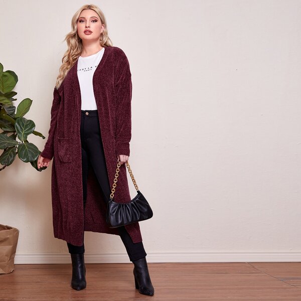 

Plus Pocket Detail Drop Shoulder Cardigan, Maroon