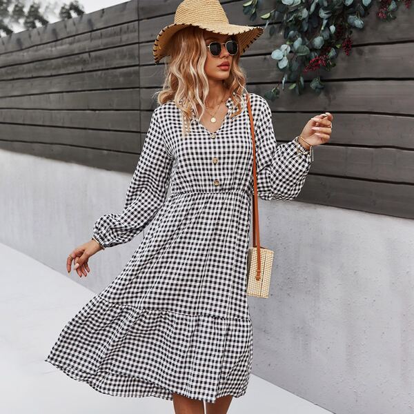 

Gingham Notch Neck Ruffle Hem Dress, Black and white