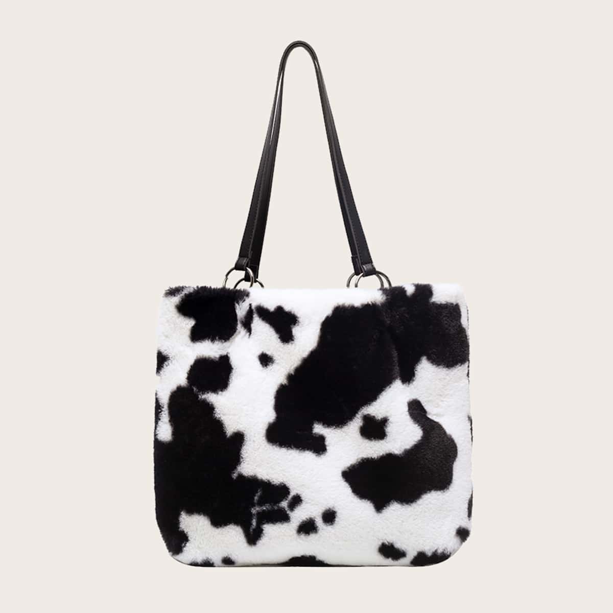

Cow Print Fluffy Tote Bag, Black and white