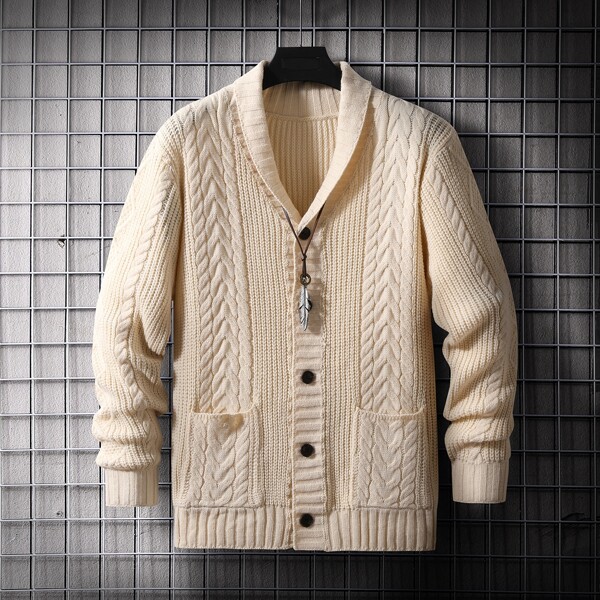

Men Shawl Collar Cable Knit Cardigan, Apricot